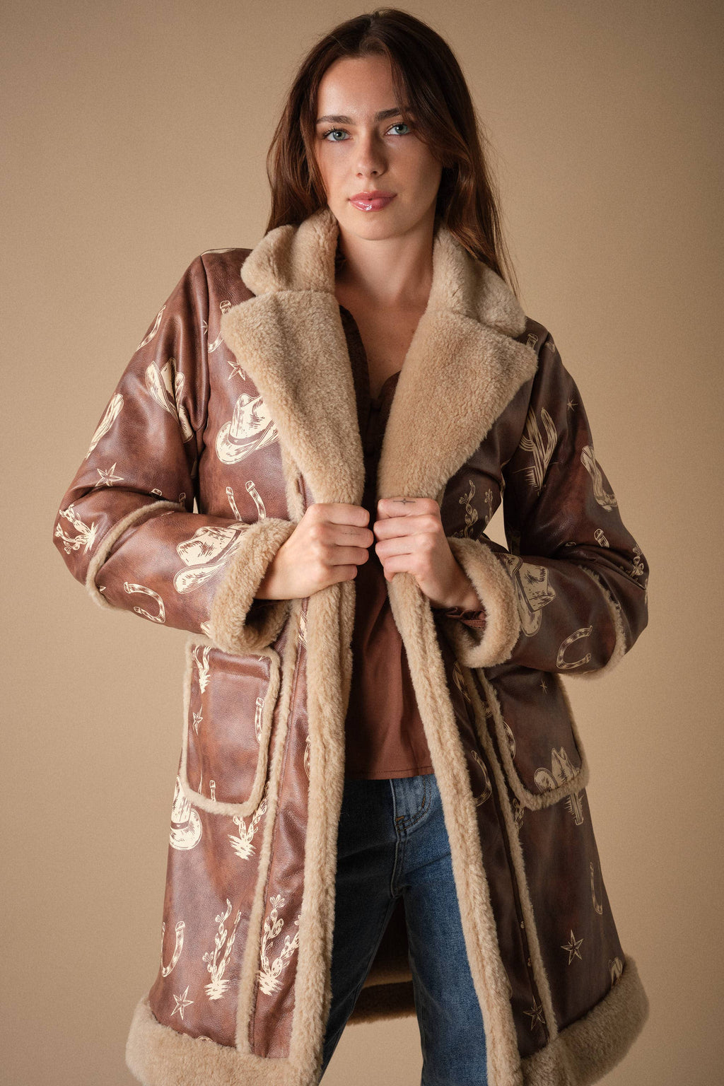 Western Printed Faux Leather Coat