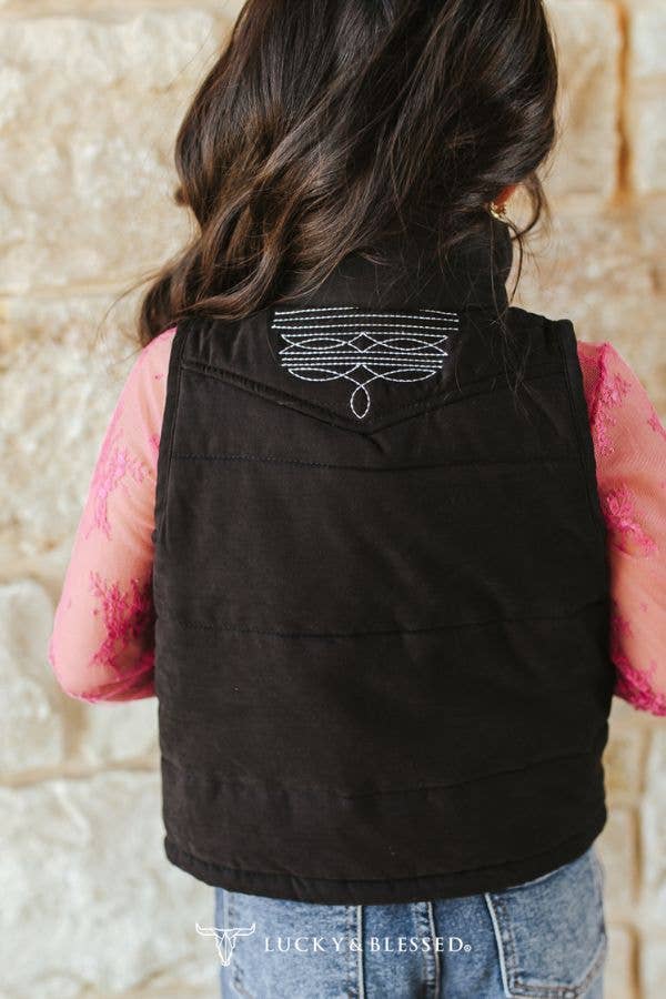 Girls Black Puffer W Boot Stitch Detail Vest