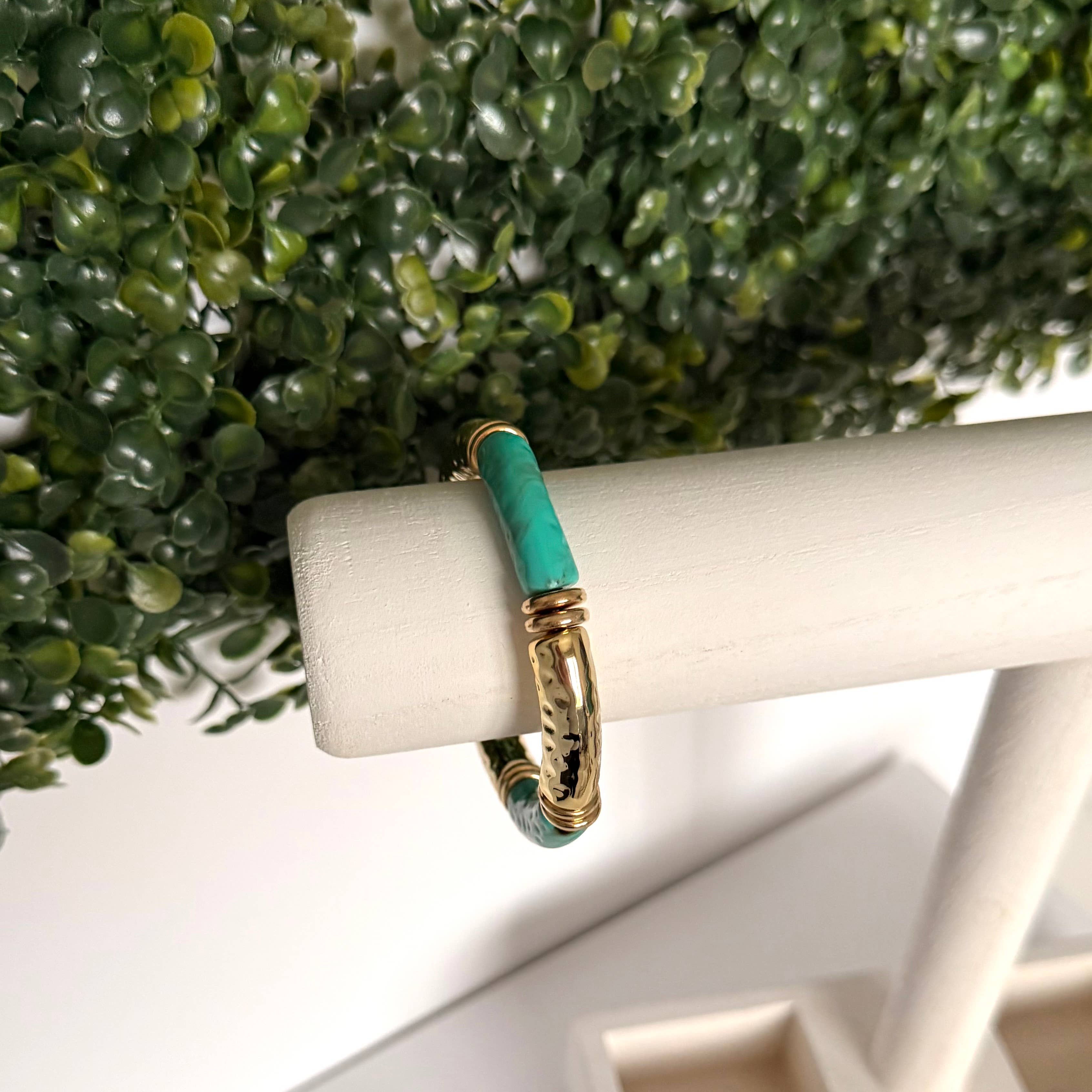 .Acrylic Tube Bamboo Stretch Bracelet Turquoise & Gold