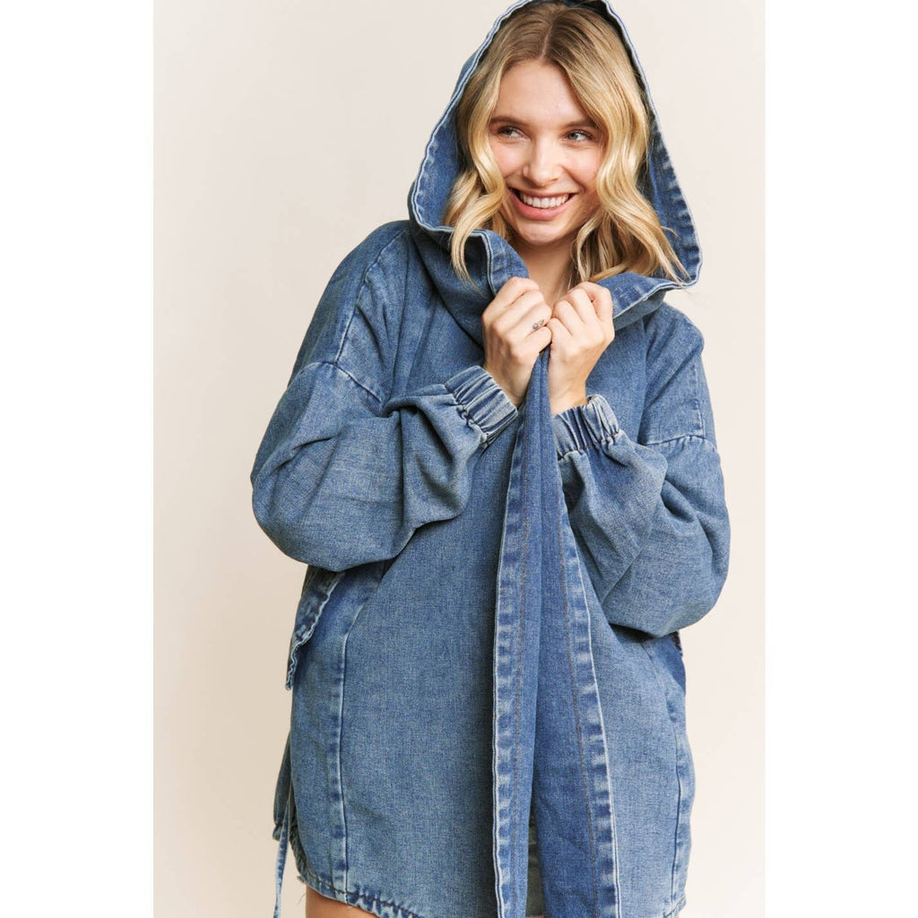 VINTAGE DENIM WASHED HOODED COAT SHACKET