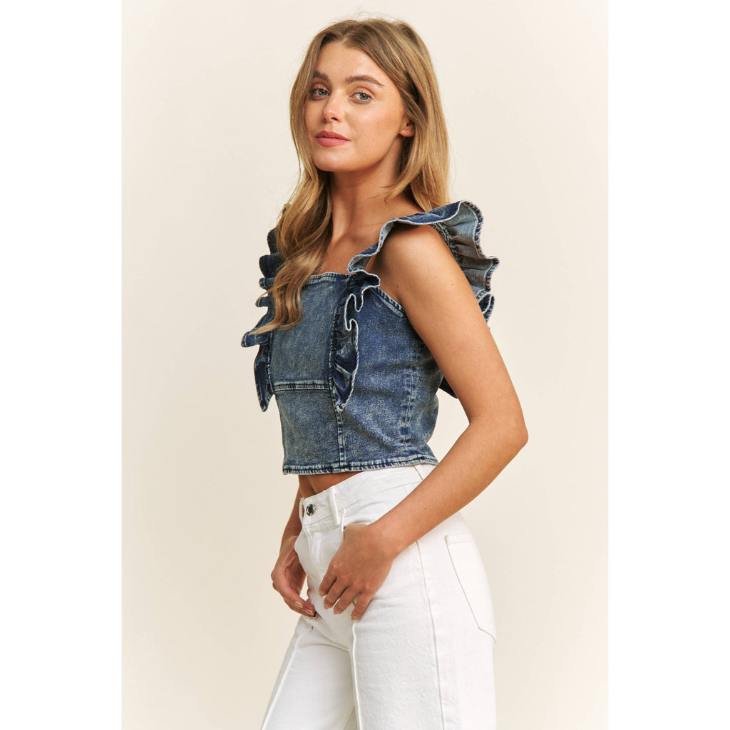 DENIM SQUARE NECK RUFFLE SLEEVES FITTED CROP TOP