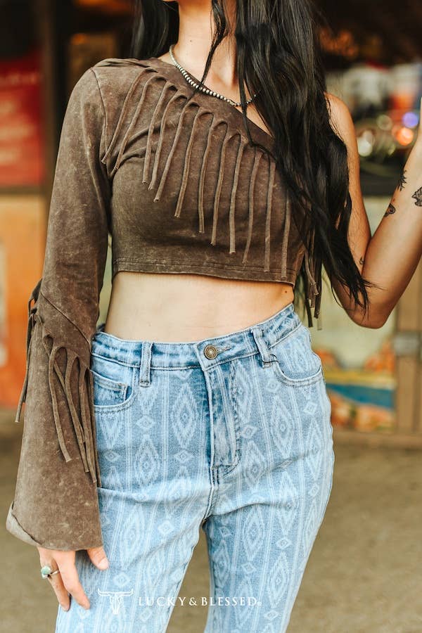 Dark Brown Mineral Wash Fringe Detail Crop Top