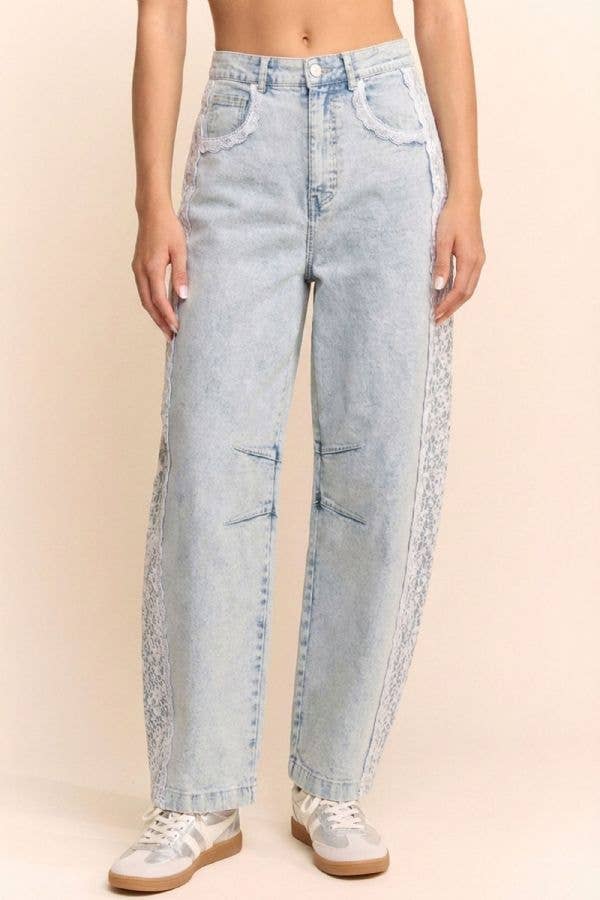 High-Waist Lace-Trim Baggy Jeans