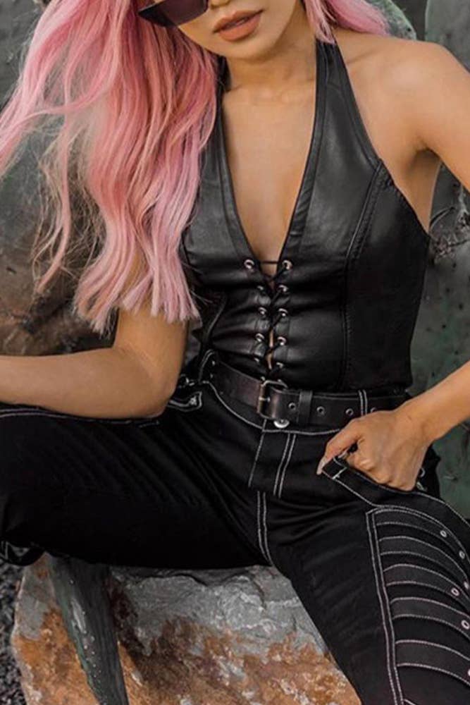 Black PU Criss-Cross Halter Backless Crop Top