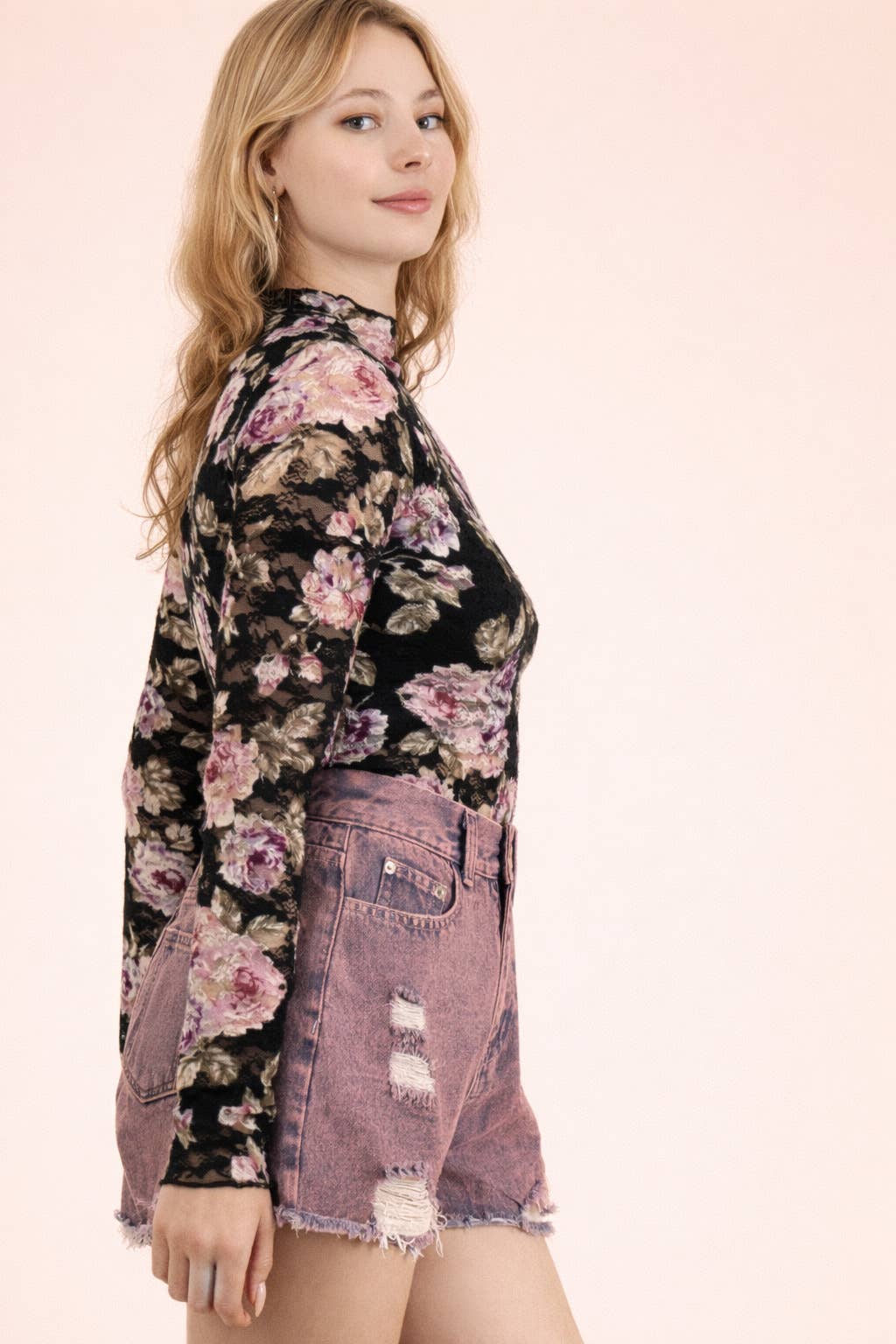 High Neck Fitted Sheer Mesh Lace Knit Top