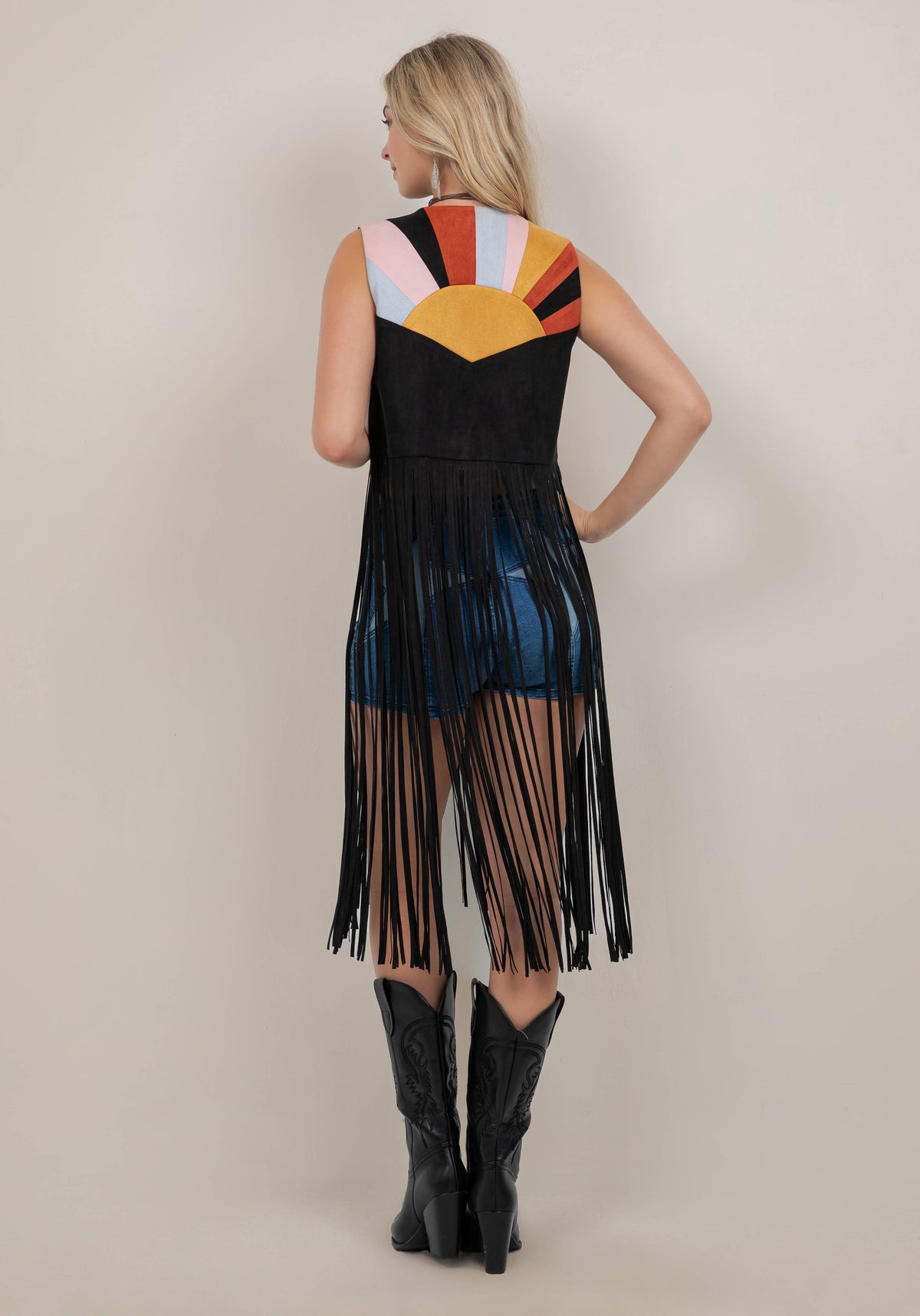 BLACK MULTI COLOR PATCH LONG FRINGE VEST