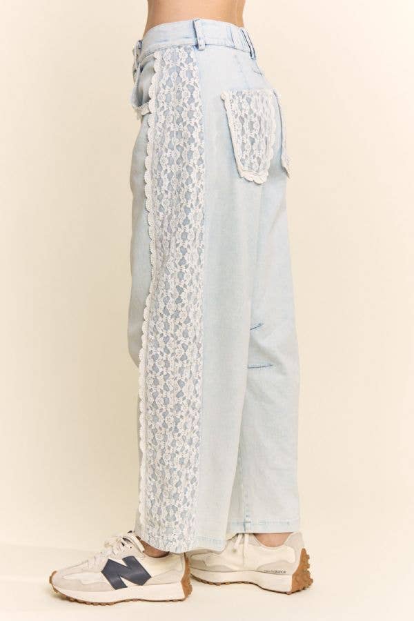 High-Waist Lace-Trim Baggy Jeans