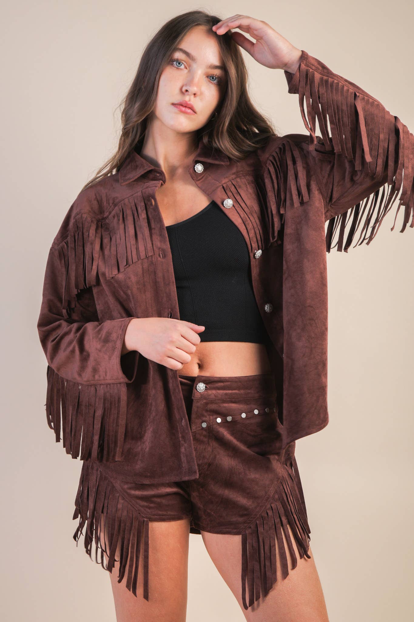 Fring Detail Suede Western Shorts