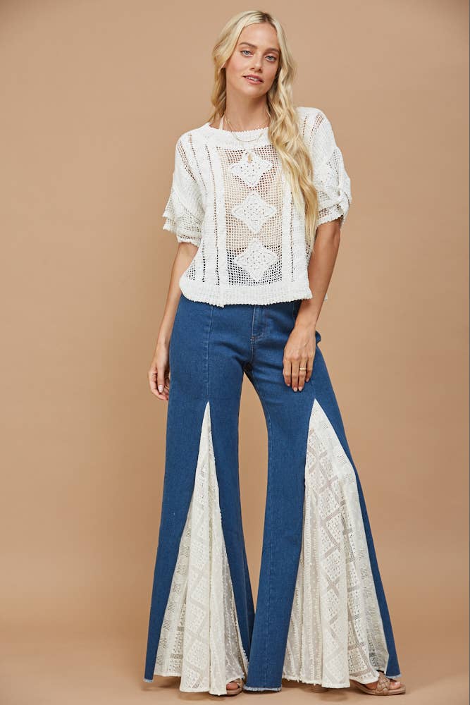 LACE DETAIL WIDE LEG JEANS 2481PIB MID DENIM