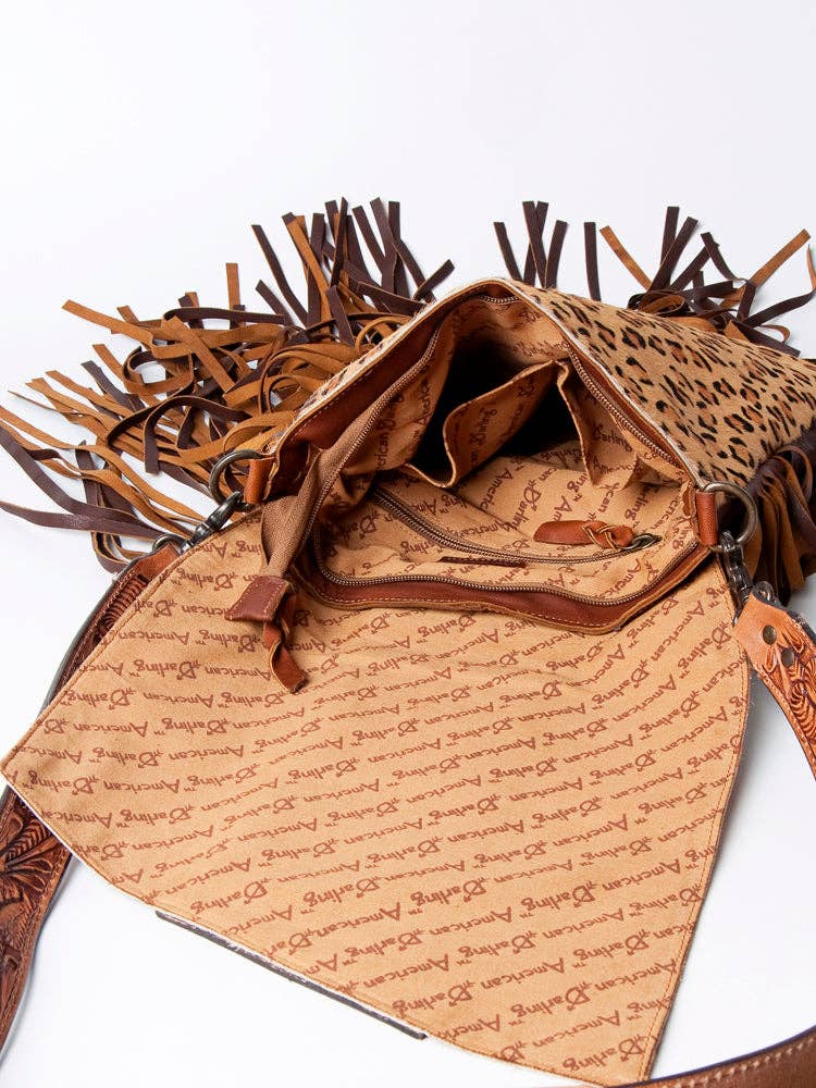 Leopard Print Messenger Bag with Fringe and Tooled Leather Flap