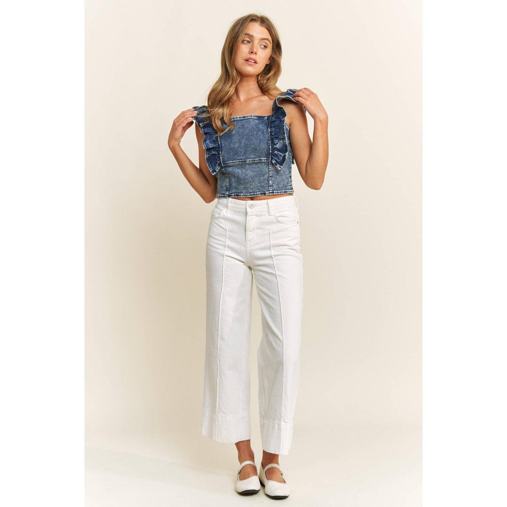 DENIM SQUARE NECK RUFFLE SLEEVES FITTED CROP TOP
