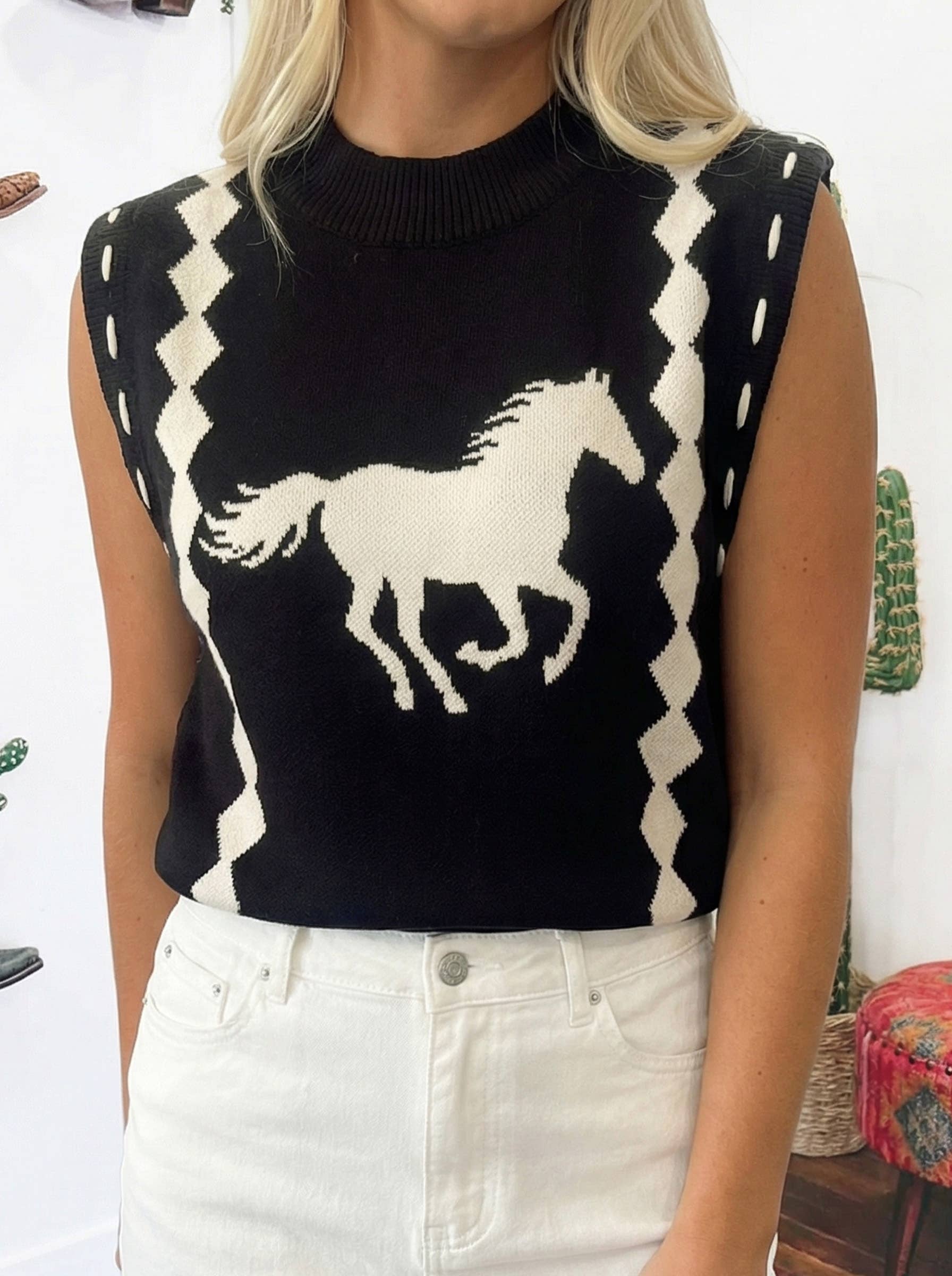 Western Print horse sleeveless knited top