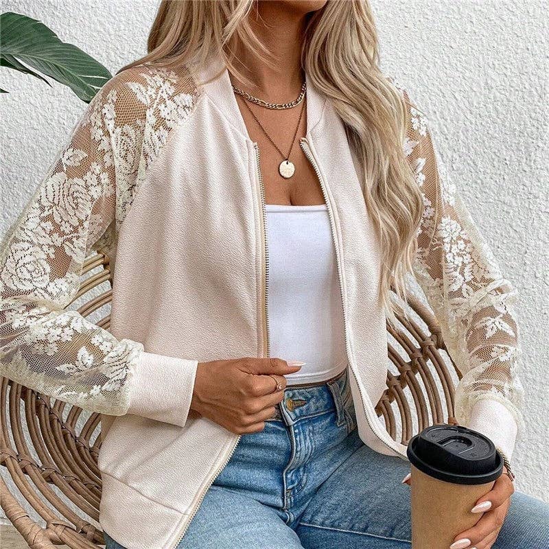 Lace Patchwork Long Sleeve Baseball Collar Jacket