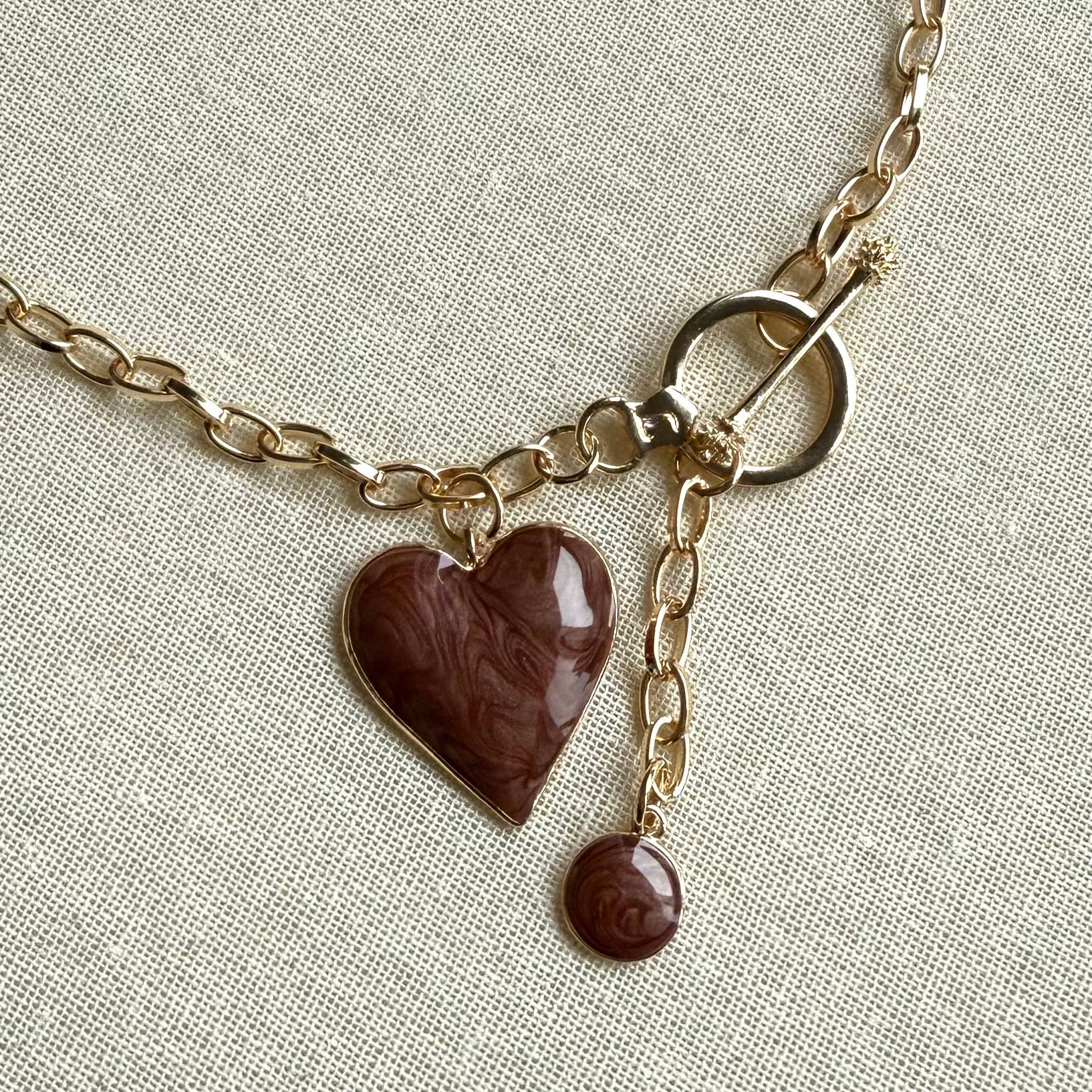 Gold Chain Necklace with Heart and Water Drop Pendant Brown