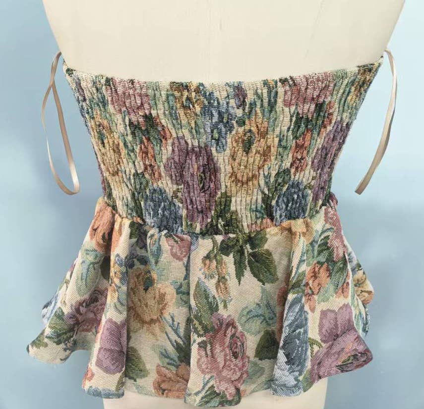 VINTAGE FLORAL PRINT WOVEN PEPLUM TIERED TUBE TOP