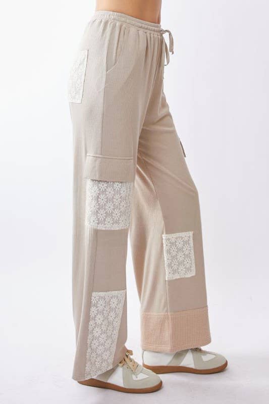 Lace Patchwork Knit Wide-Leg Cargo Pants
