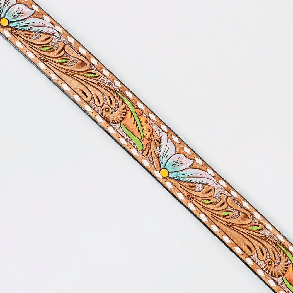 Tooled Leather Western Belt - Pastel Blue & Pink Floral Design