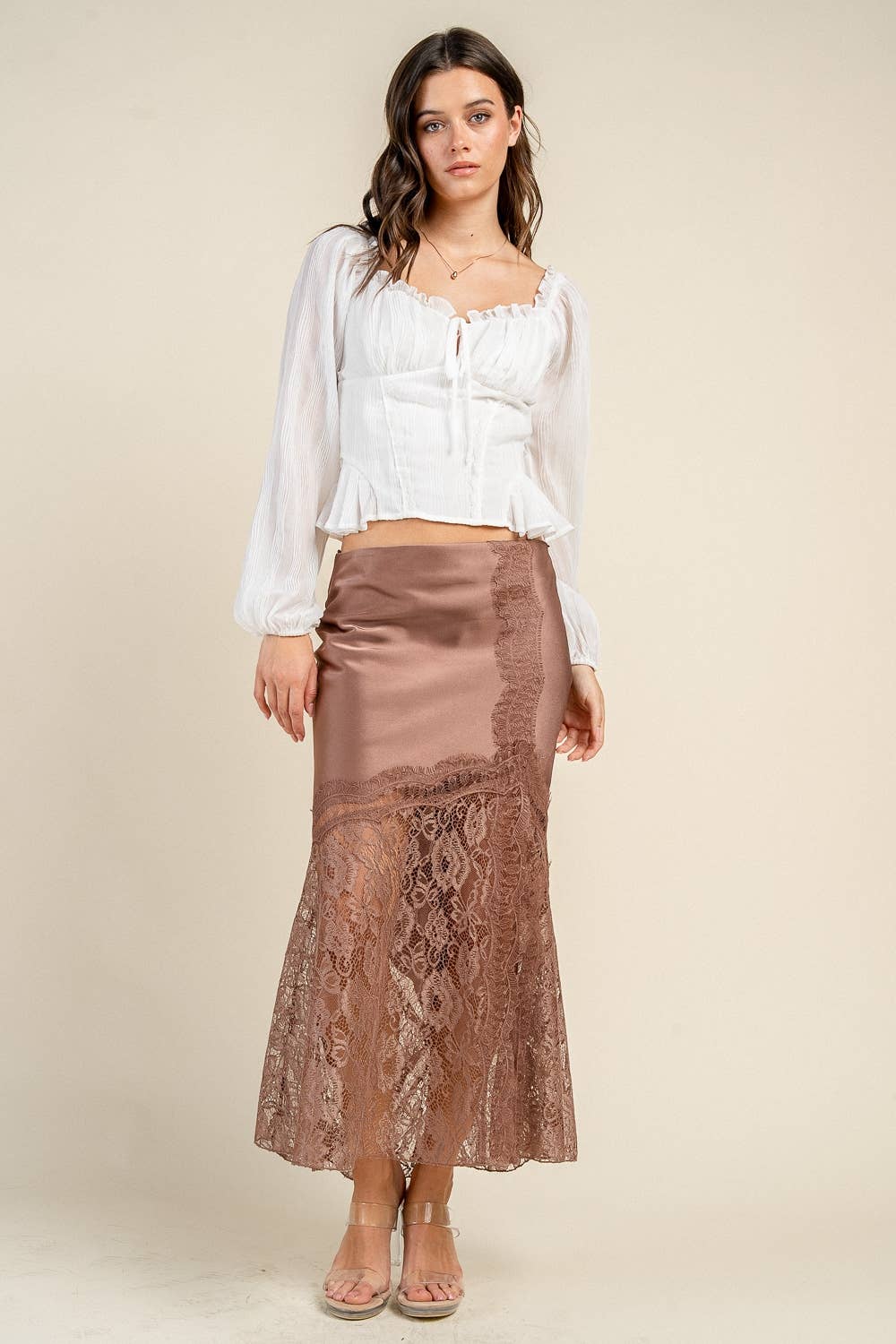 SATIN MIDI SKIRT W/ LACE TRIM DETAIL