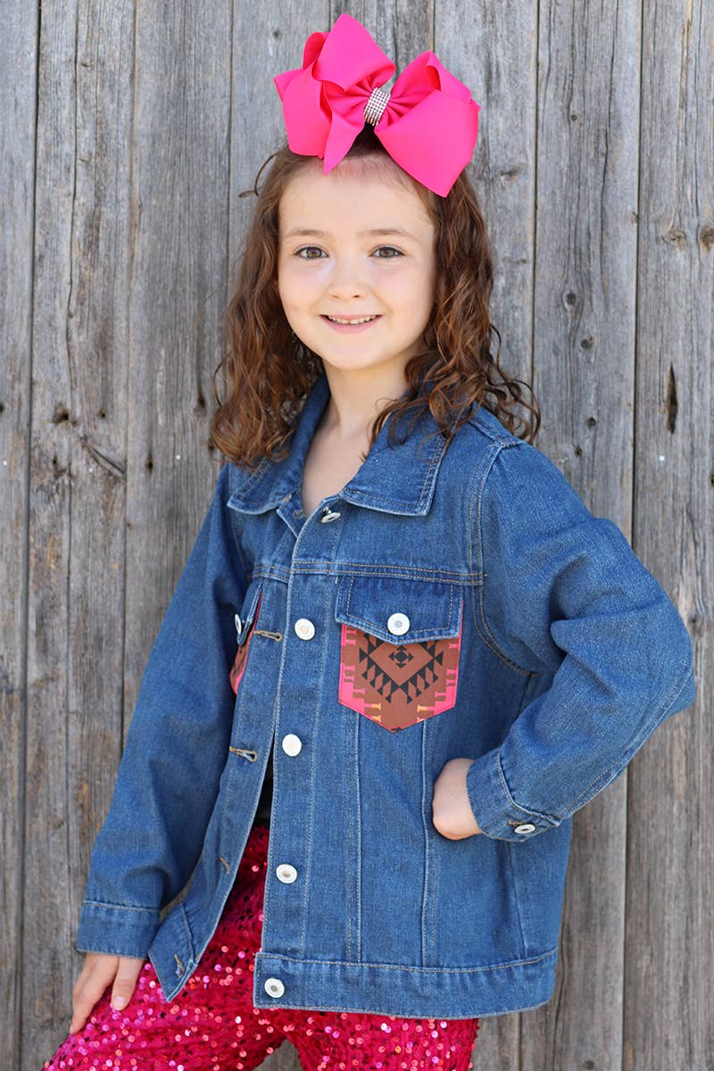DENIM JACKET W/AZTEC PRINTED POCKET & BACK.