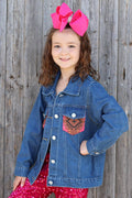DENIM JACKET W/AZTEC PRINTED POCKET & BACK.
