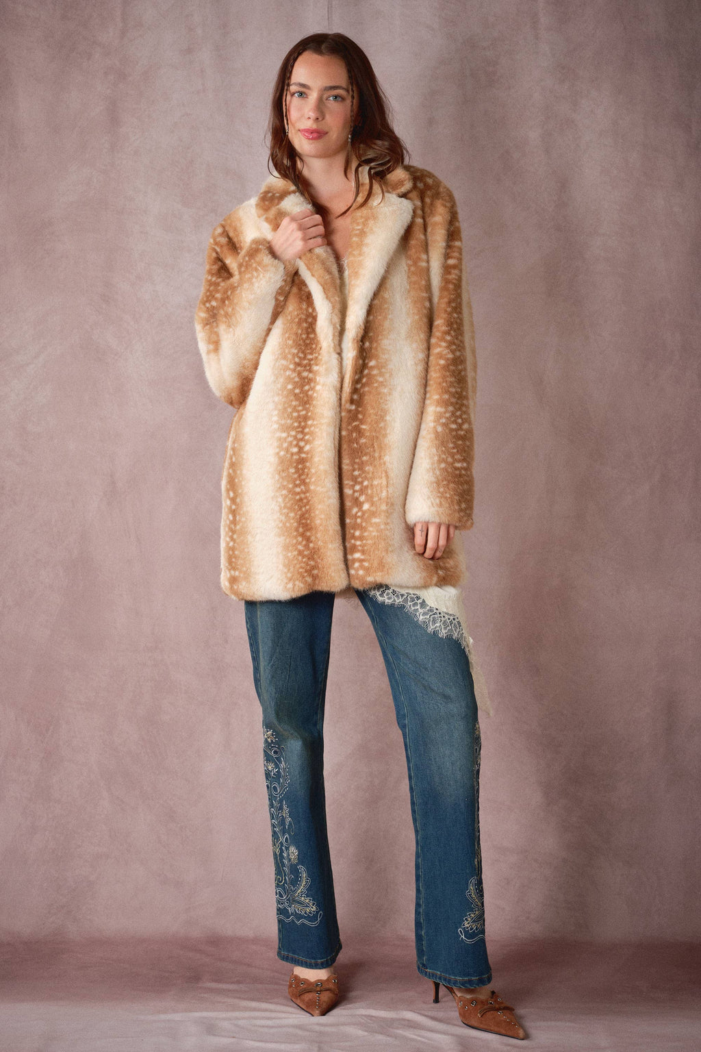 Deer Print Faux Fur Coat
