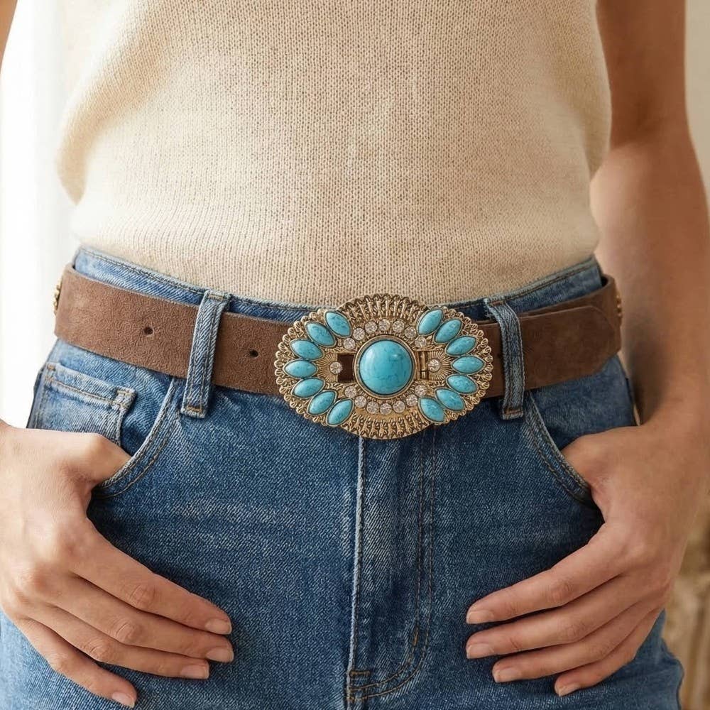 Faux Leather Turquoise Concho Buckle Belt