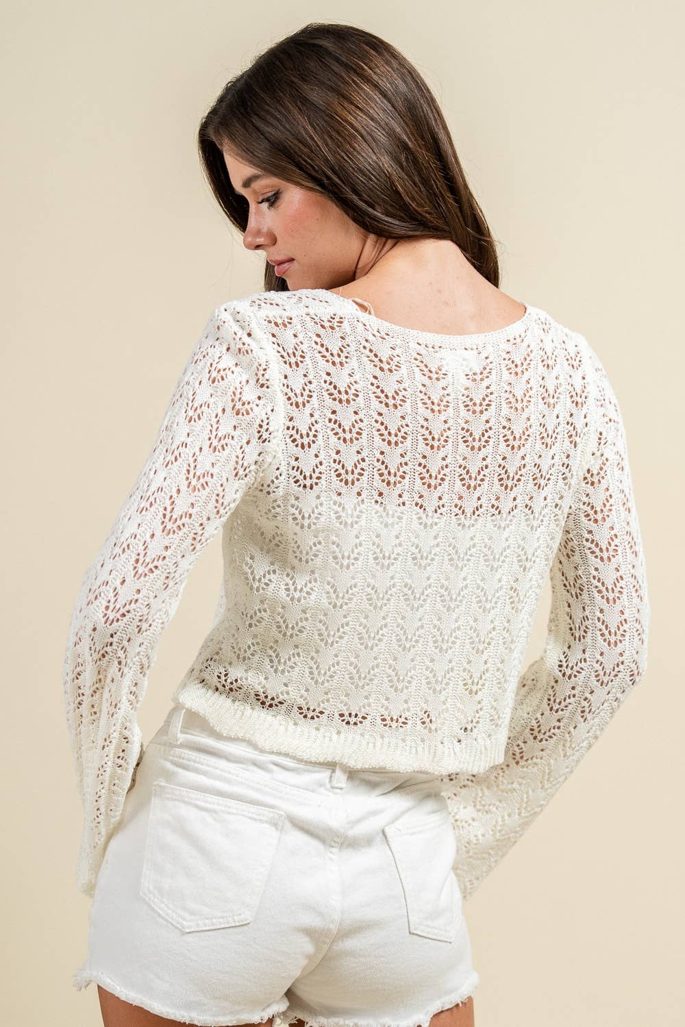 CROCHET OPEN KNIT POINTELLE CROP CARDIGAN