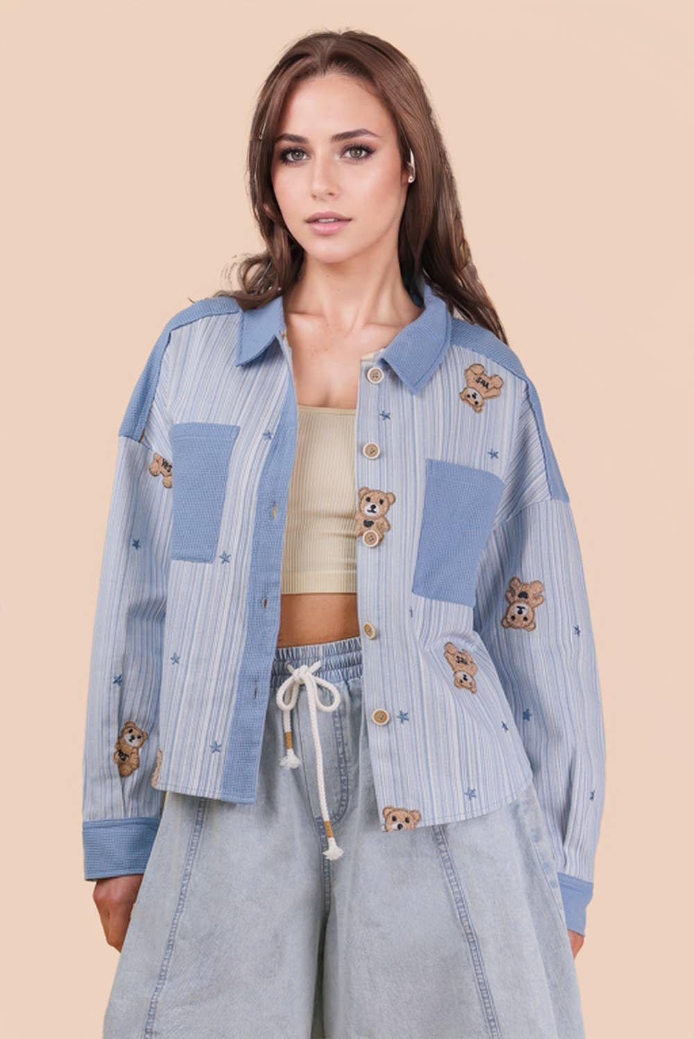 Oversized Teddy Bear Patch Shacket Jacket
