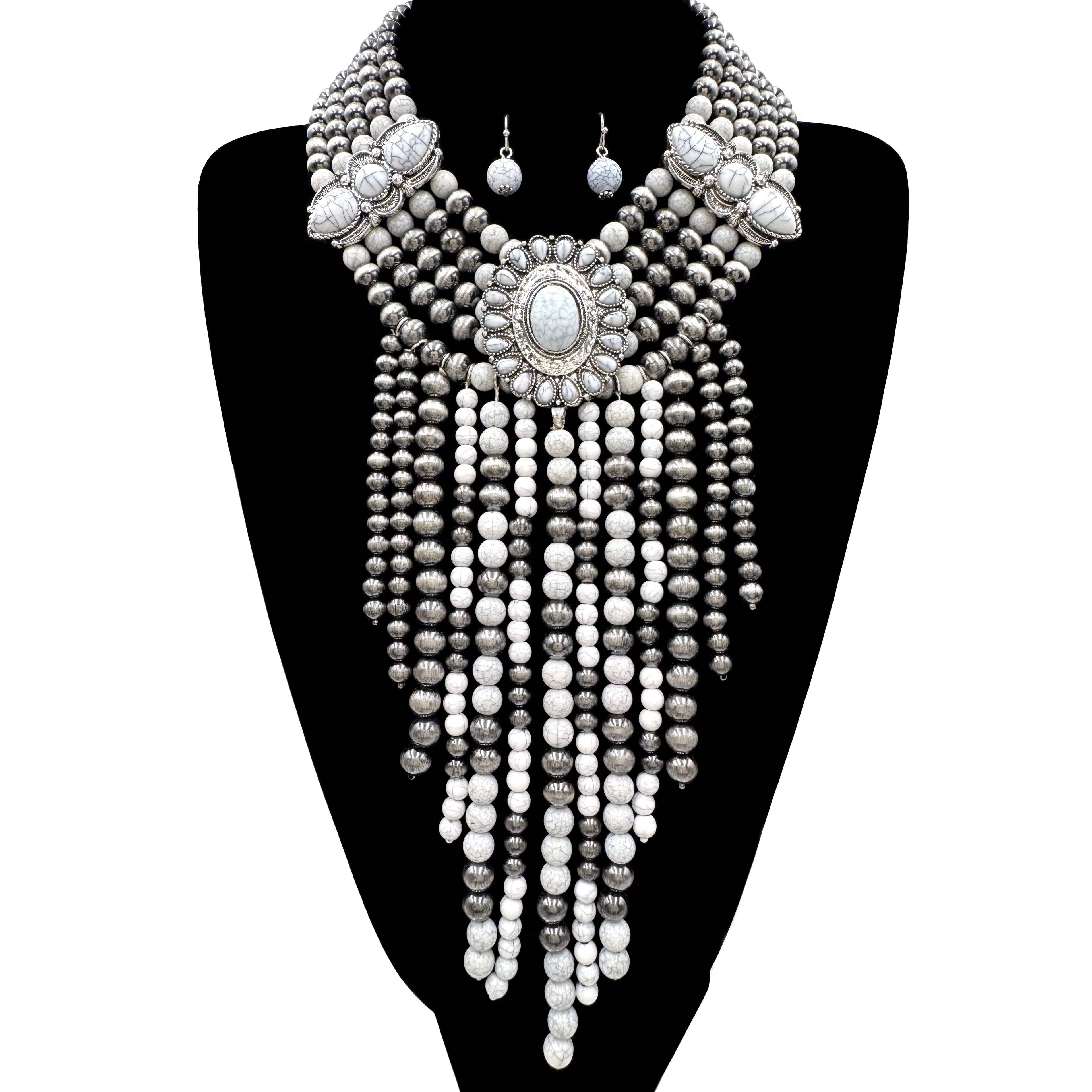 Western Fringe Navajo White Howlite Beads Statement Necklace
