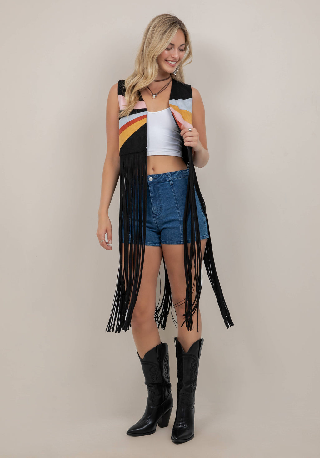 BLACK MULTI COLOR PATCH LONG FRINGE VEST