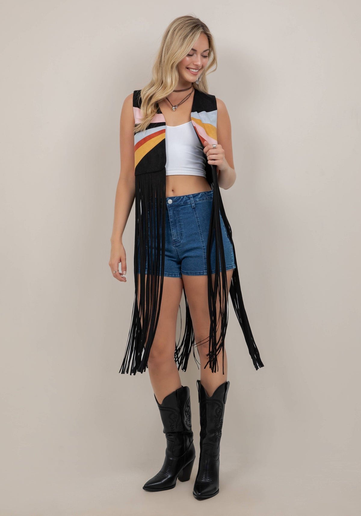 BLACK MULTI COLOR PATCH LONG FRINGE VEST