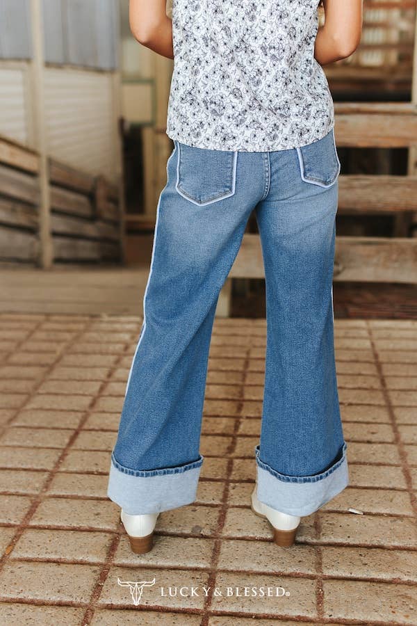 Mid Wash Cuffed Wide Leg Contrast Piping Jeans (30 in)
