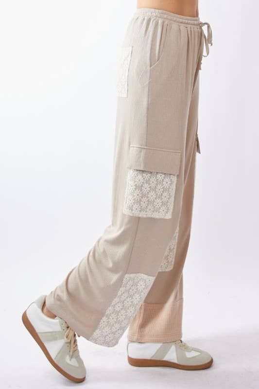 Lace Patchwork Knit Wide-Leg Cargo Pants