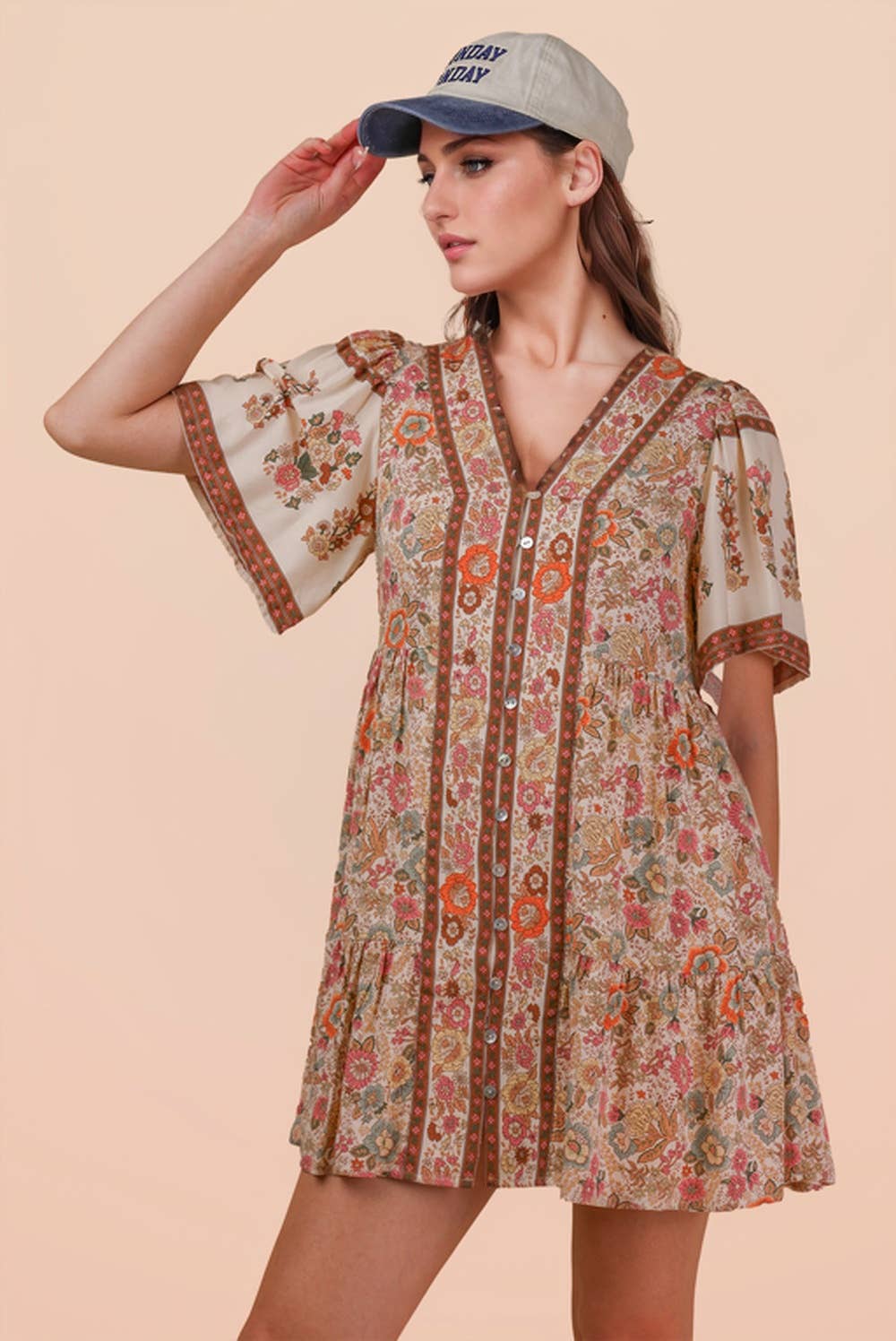 Shirring Detail Printed Woven Mini Dress