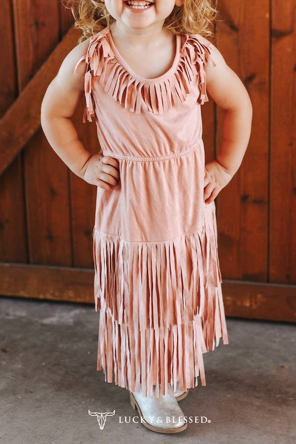 Girls Soft Pink Stretch Suede Fringe Tier Tank Dress