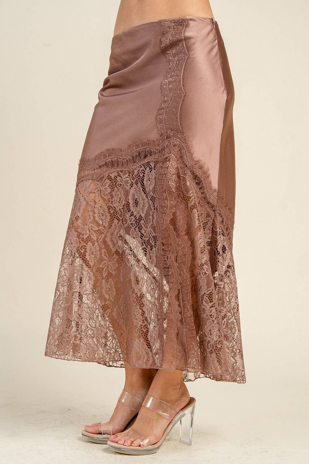 SATIN MIDI SKIRT W/ LACE TRIM DETAIL