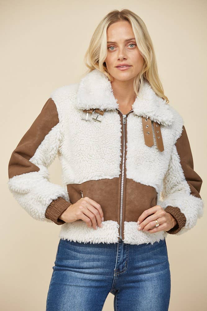 FAUX LEATHER SHEARLING MOTO JACKET