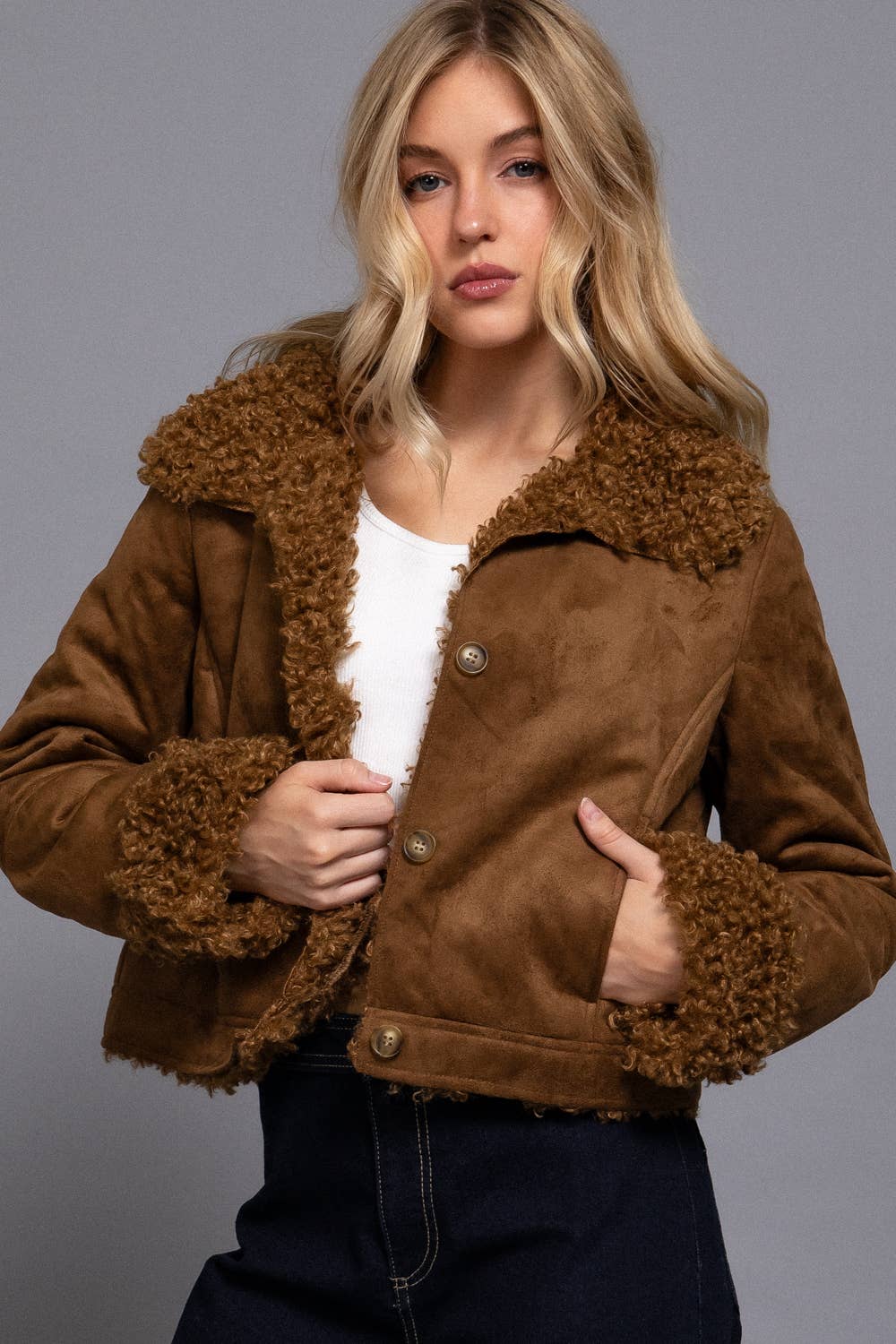 Long Sleeve Inside Fur Detail Penny Lane Suede Short Jacket