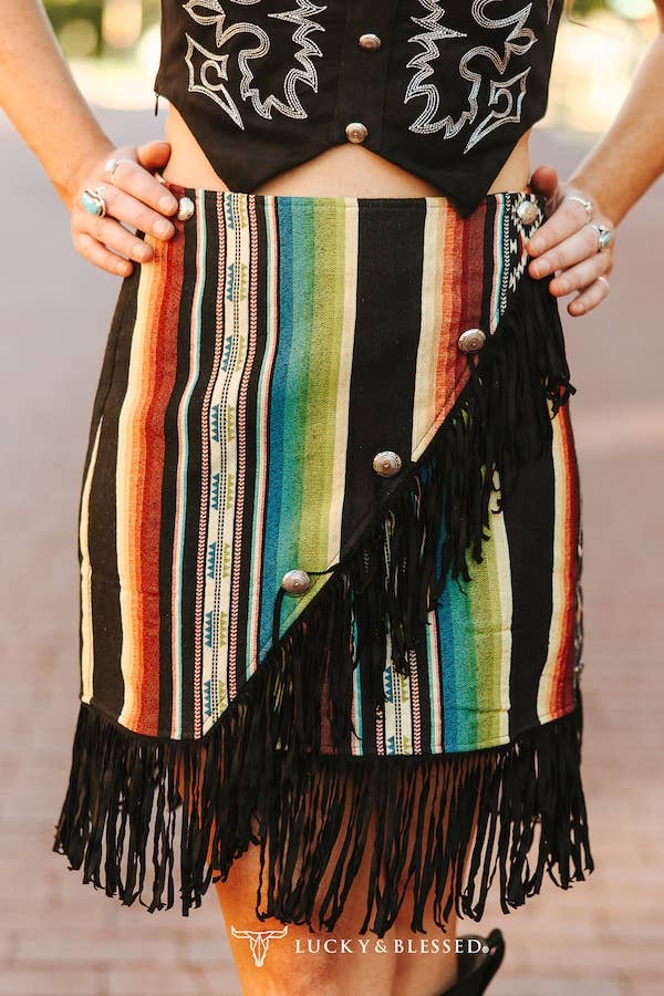Jacquard Woven Serape Multi Color Fringe Wrap Skirt