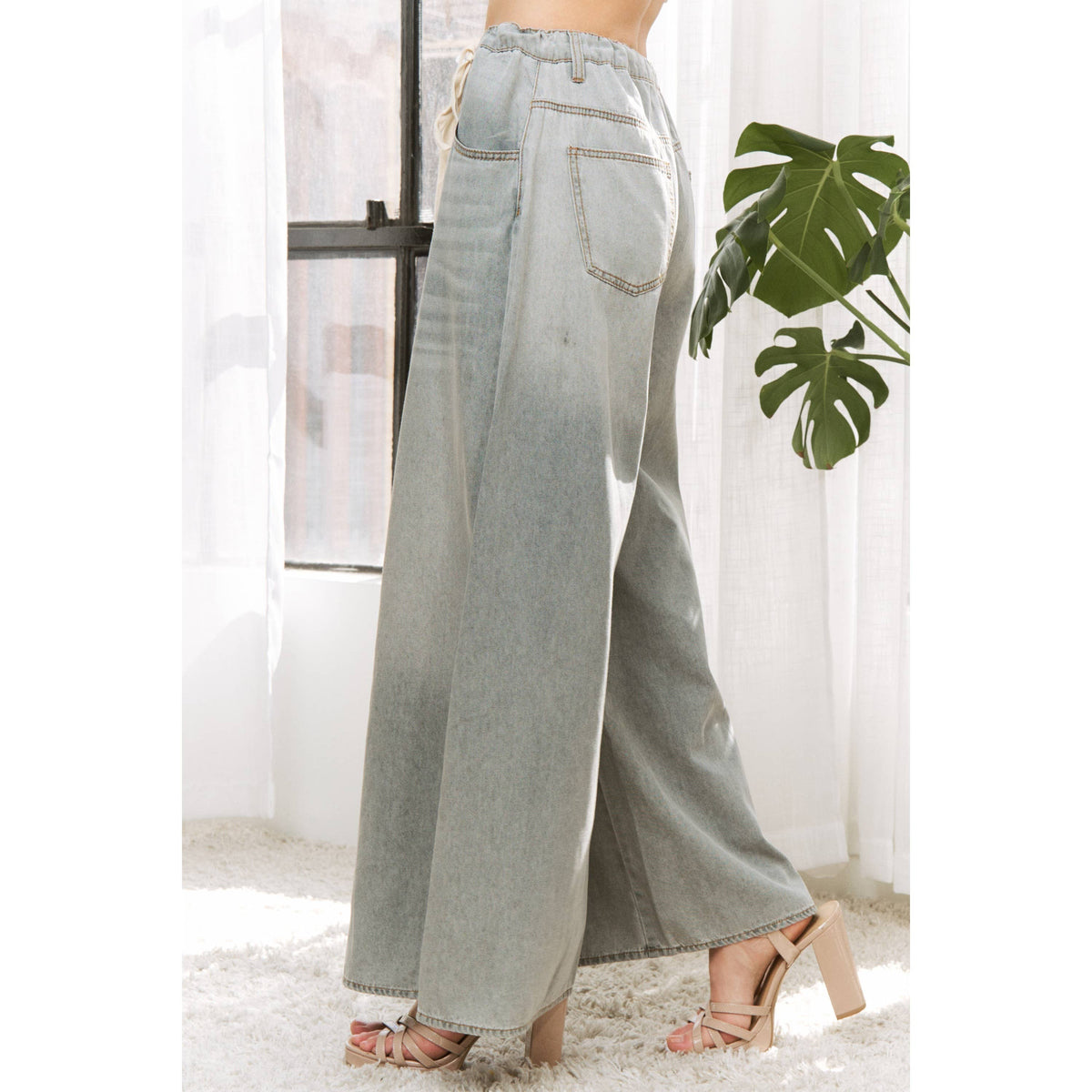 DENIM WIDE LEG OPENING PANTS WITH DRAWSTRING