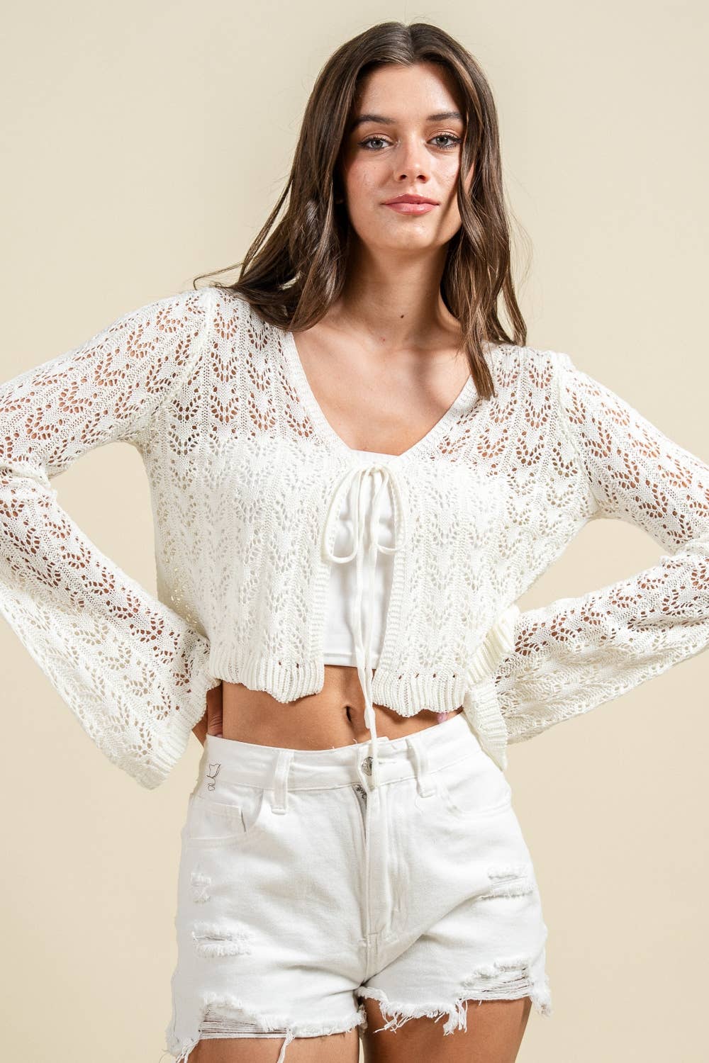 CROCHET OPEN KNIT POINTELLE CROP CARDIGAN