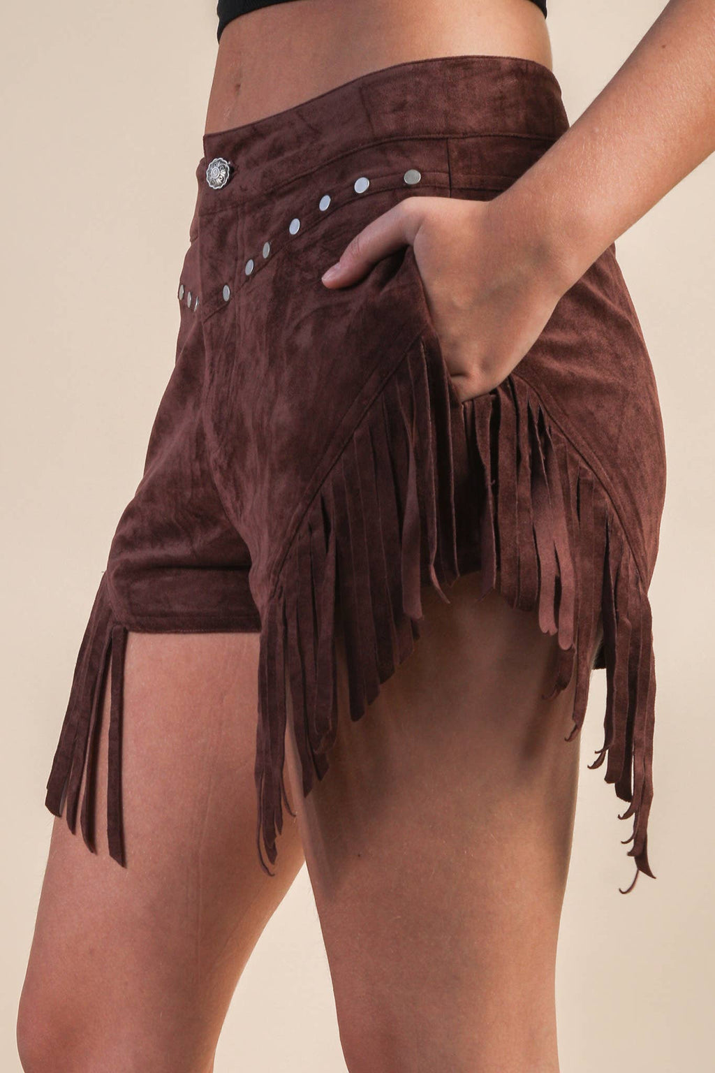 Fring Detail Suede Western Shorts