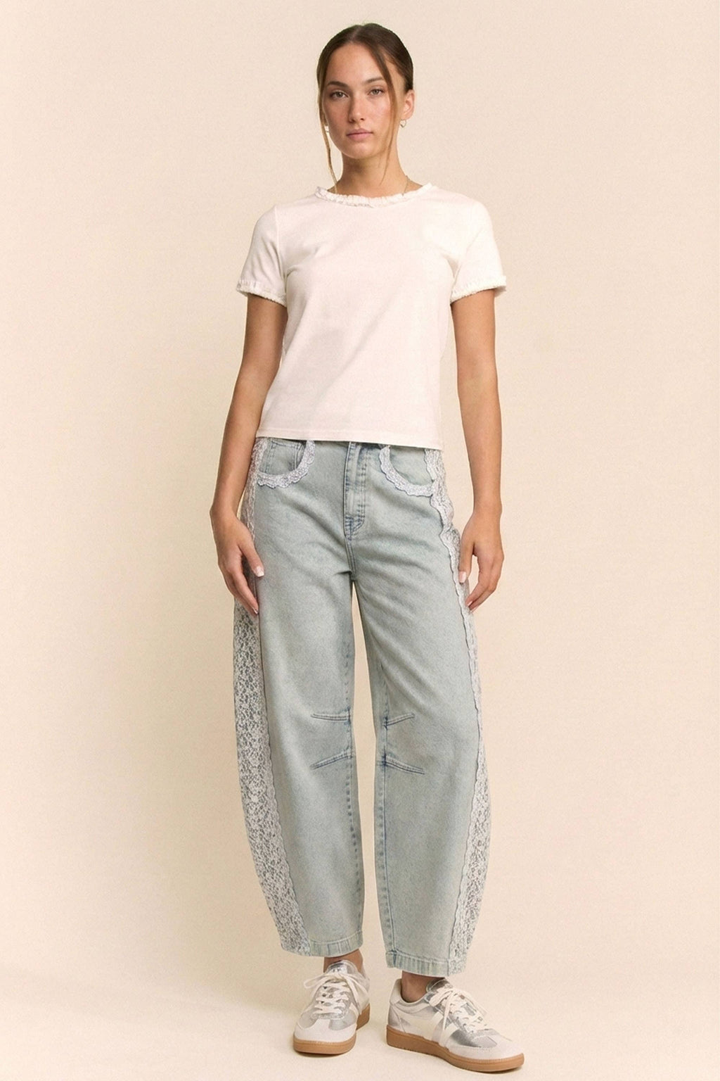 High-Waist Lace-Trim Baggy Jeans