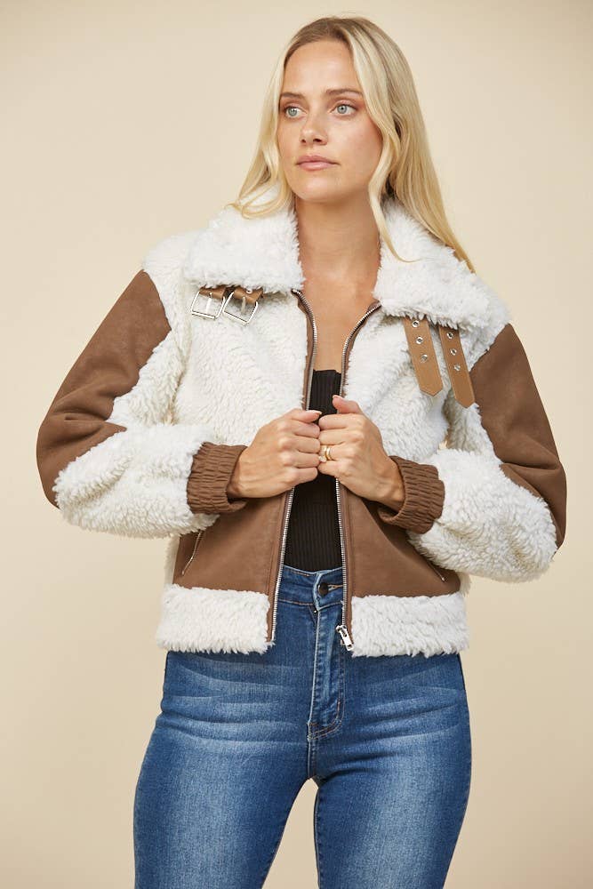 FAUX LEATHER SHEARLING MOTO JACKET