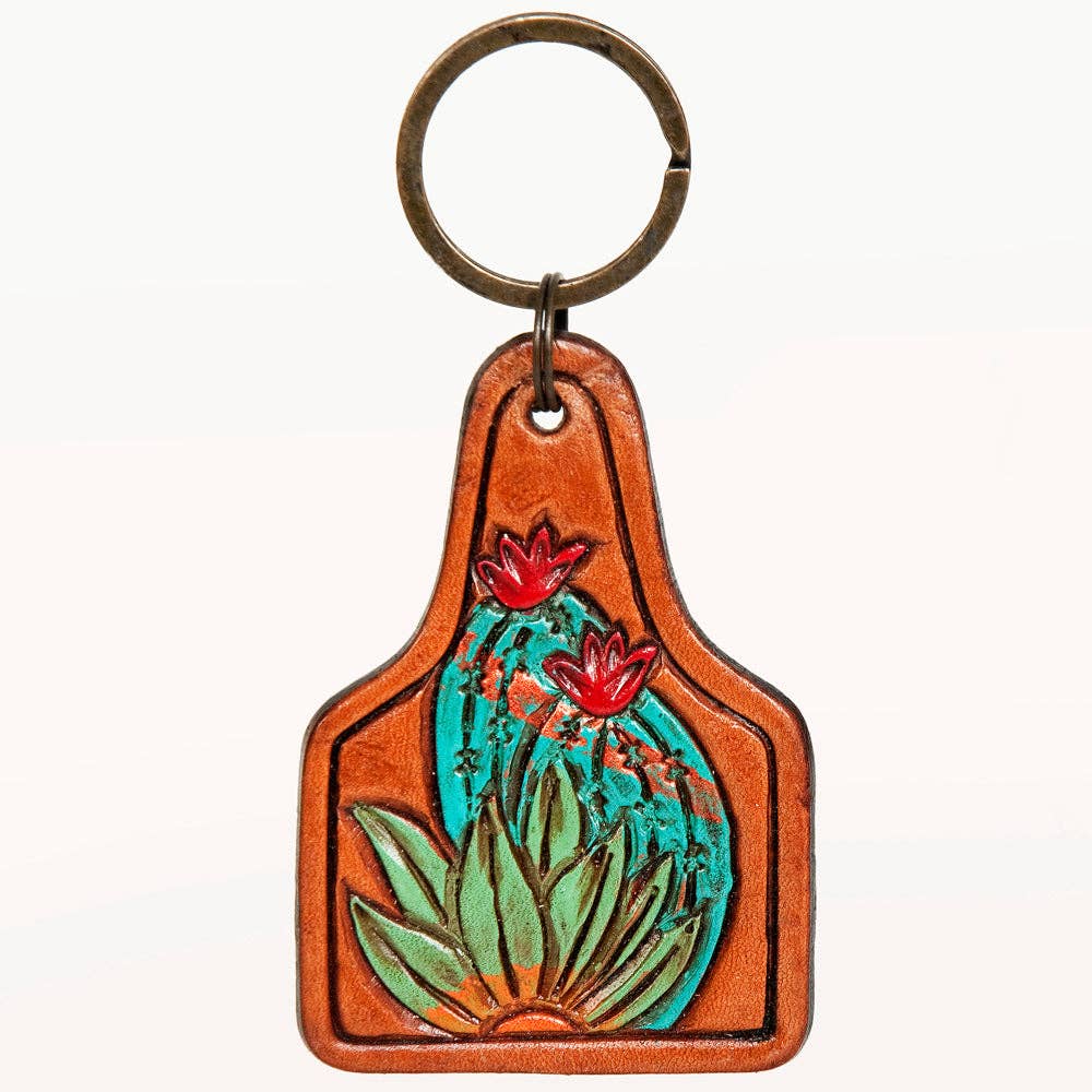 Hand-Tooled Leather Sunflower Keyring   Western Floral Scroll Design