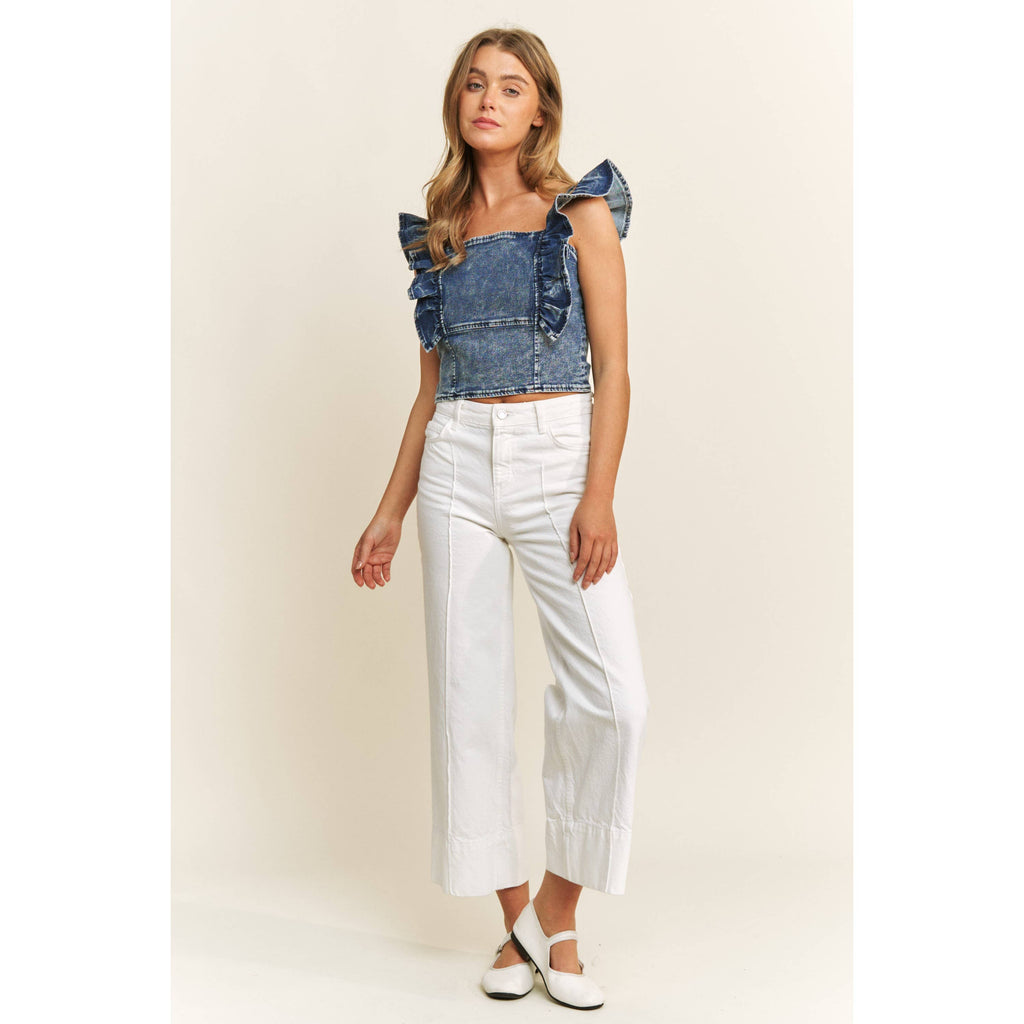 DENIM SQUARE NECK RUFFLE SLEEVES FITTED CROP TOP