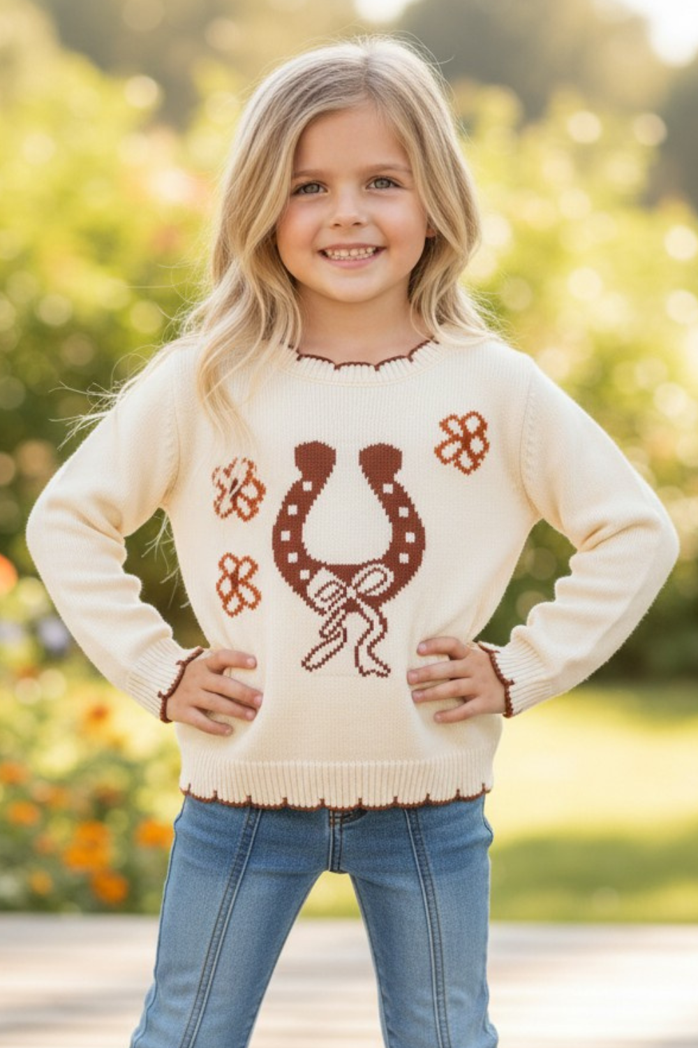 Horse shoe on cream knot pullover sweater w/moon stitch.