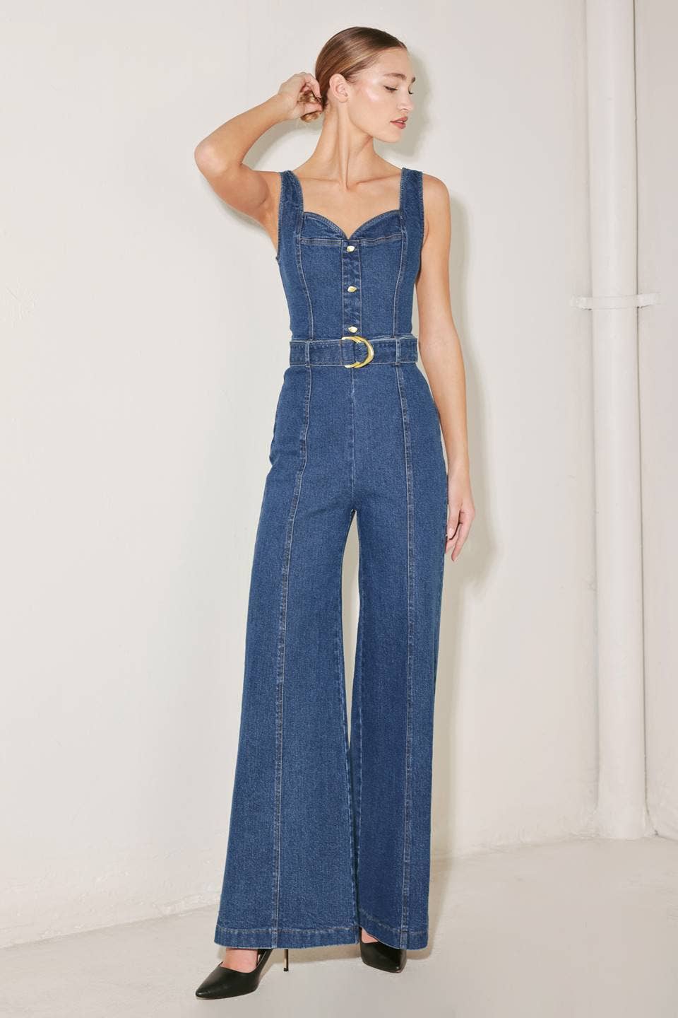 A washed denim jumpsuit