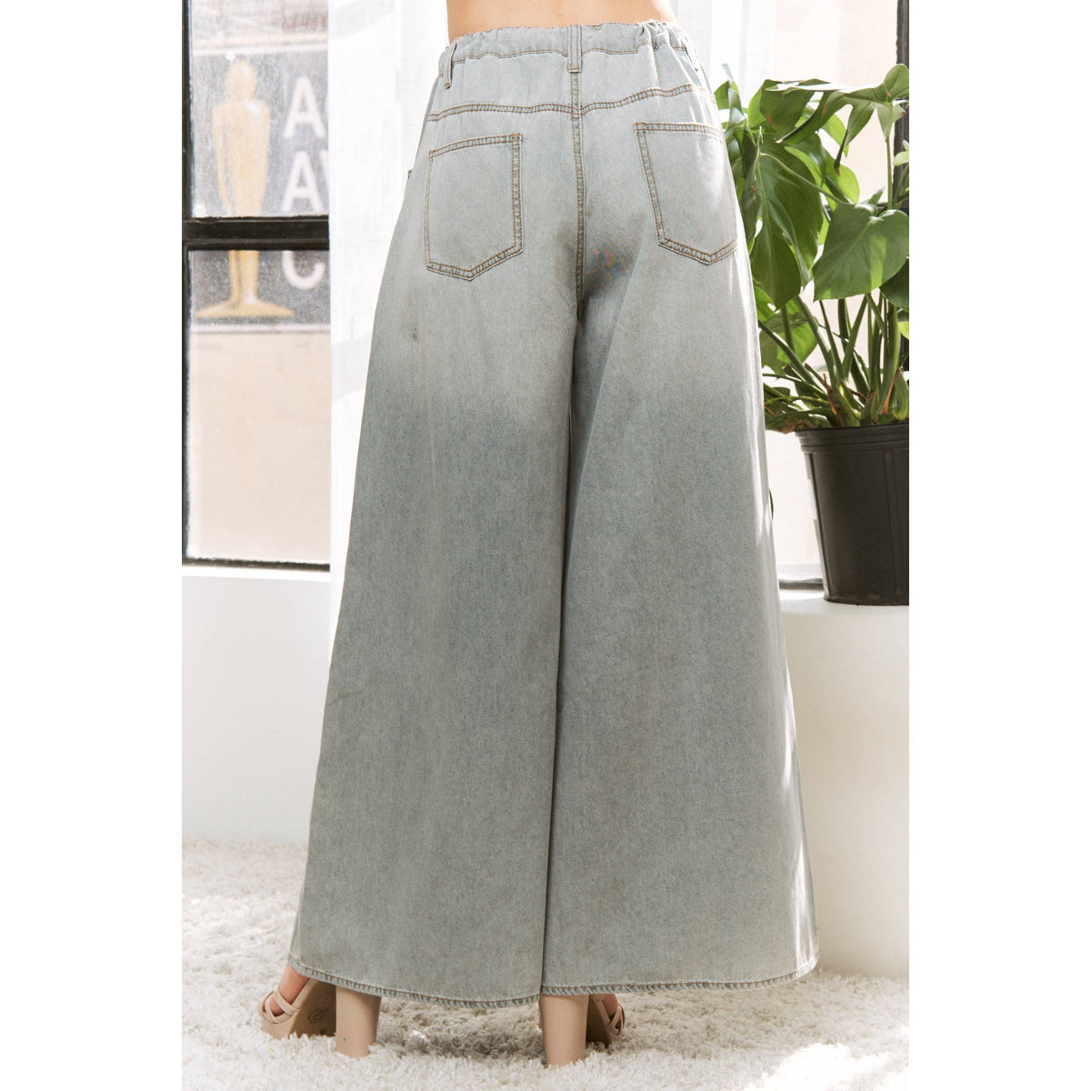 DENIM WIDE LEG OPENING PANTS WITH DRAWSTRING