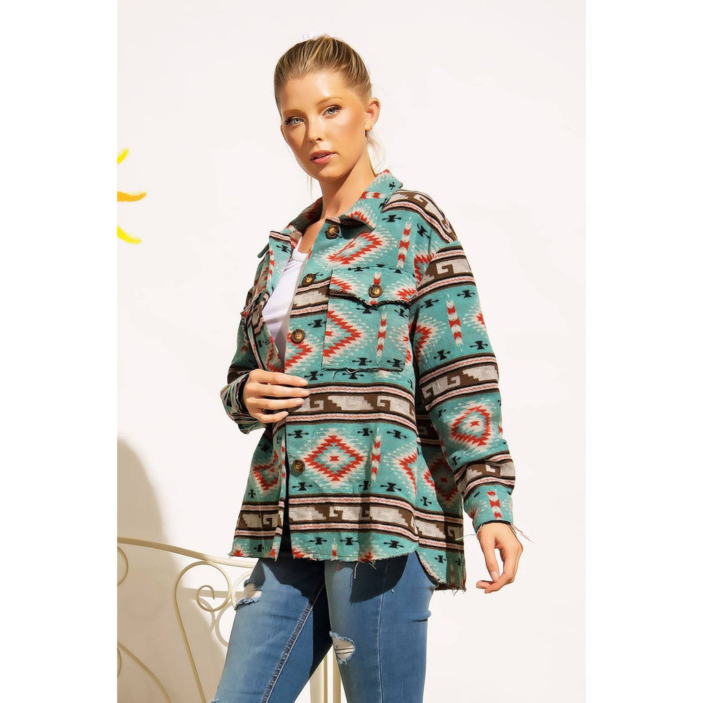 TRIBAL AZTEC PATTERN BUTTON DOWN SHIRT JACKET